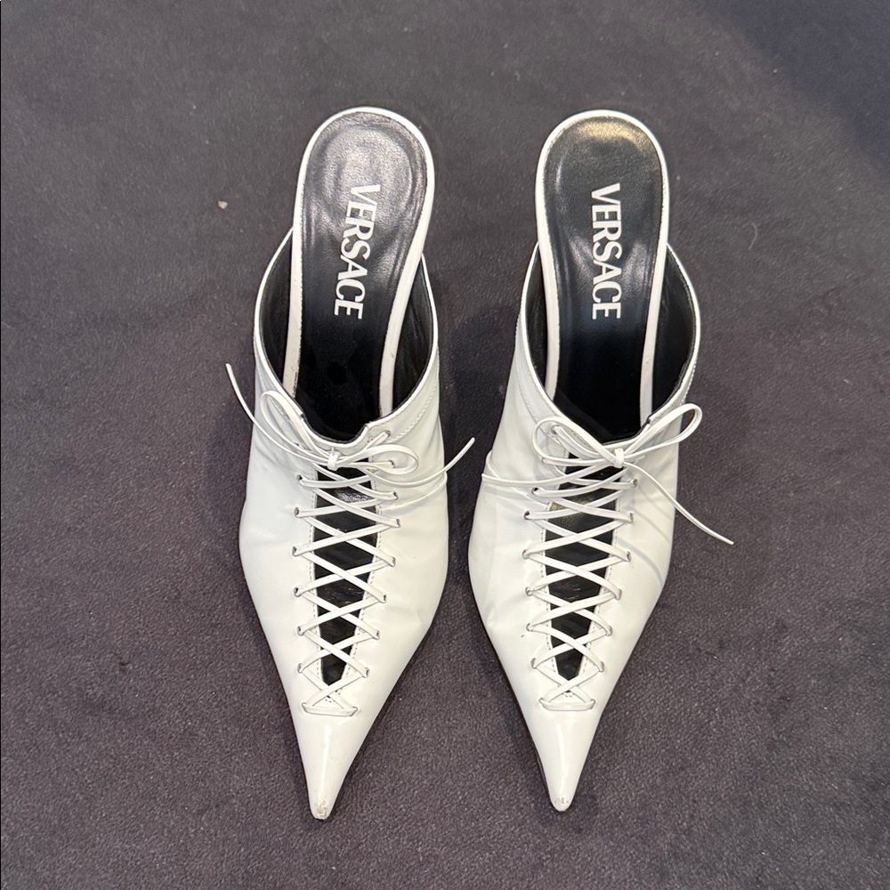 Versace White Lace-Up Mules